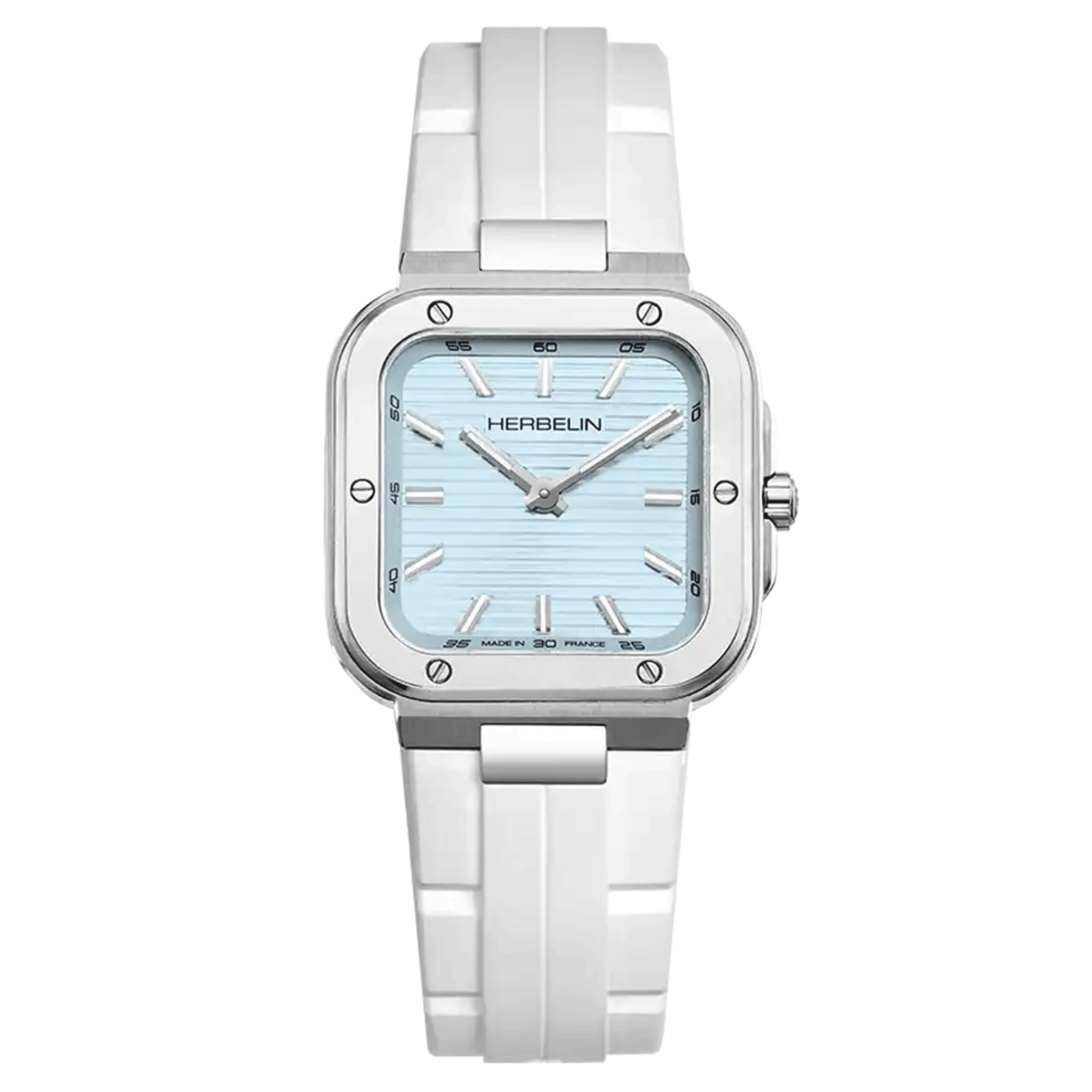 Herbelin Cap Camarat Square quartz watch arctic blue dial white rubber strap 30 x 30 mm 17546A25CW