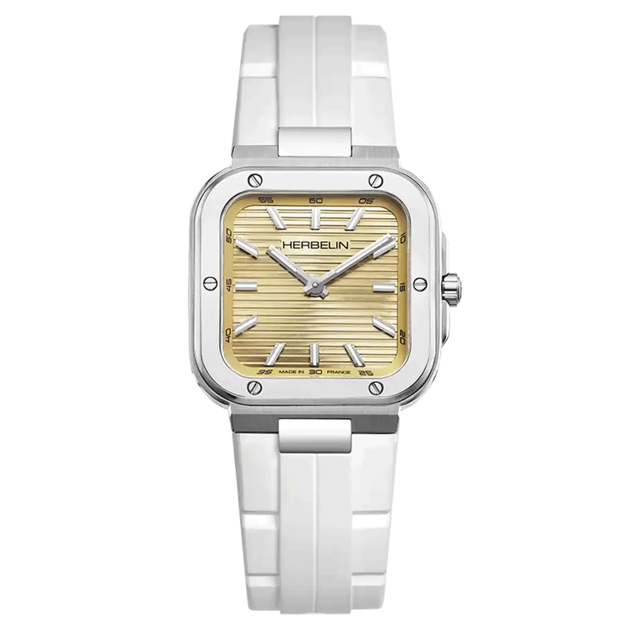 Herbelin Cap Camarat Square quartz watch champagne dial white rubber strap 30 x 30 mm 17546A13CW
