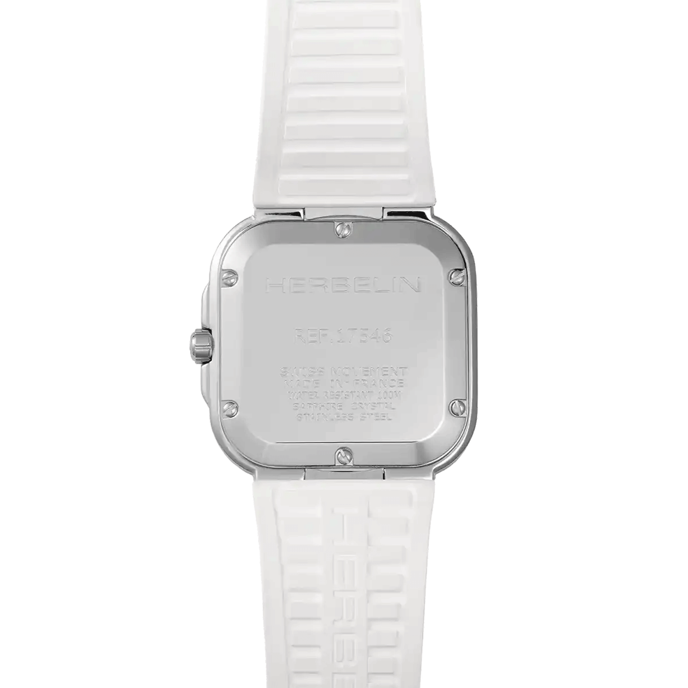 Herbelin Cap Camarat Square quartz watch pink champagne dial white rubber strap 30 x 30 mm 17546A18CW