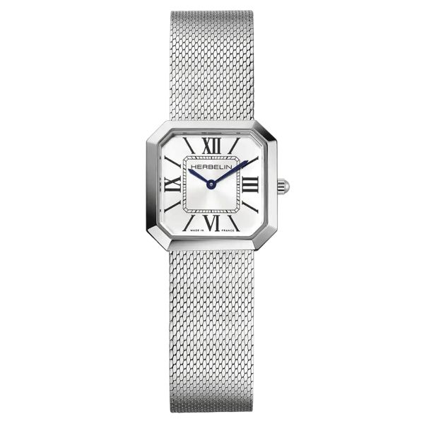 Herbelin Octogône quartz watch silver dial stainless steel bracelet mesh 24.5 mm 17426B08