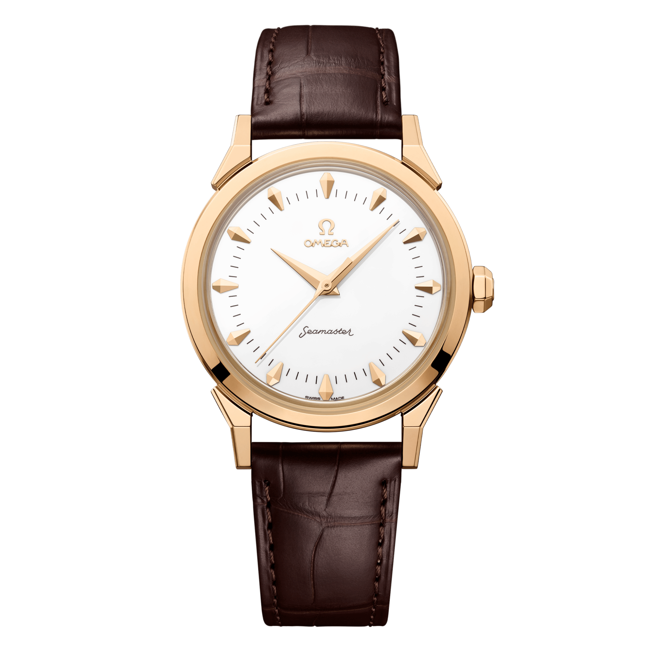 Omega Heritage Seamaster 37 mm Moonshine Gold "Milano Cortina 2026" automatic white enamel dial leather strap 37 mm
