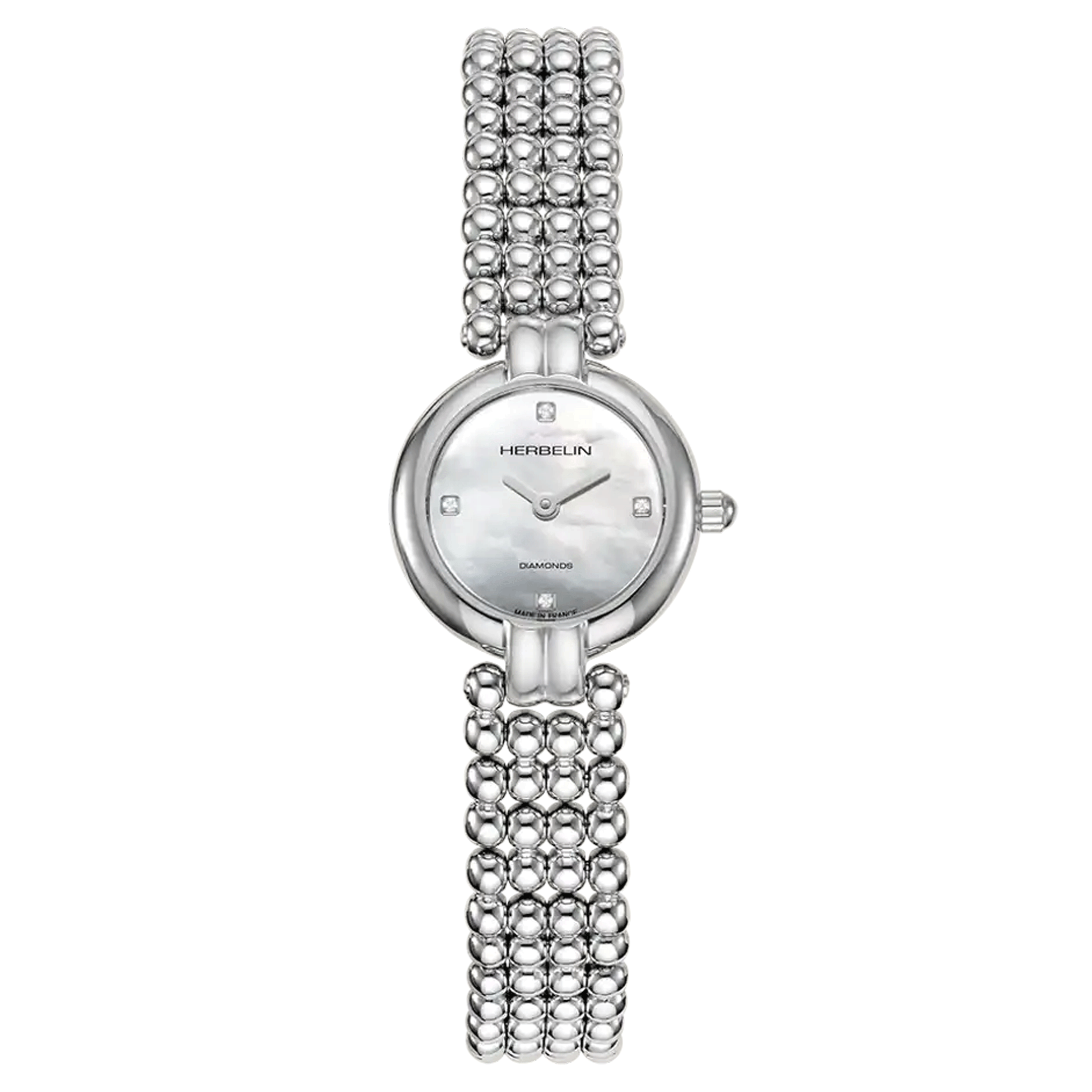 Herbelin Perles quartz watch diamonds markers white mother-of-pearl dial steel bracelet 22 mm 17433B89