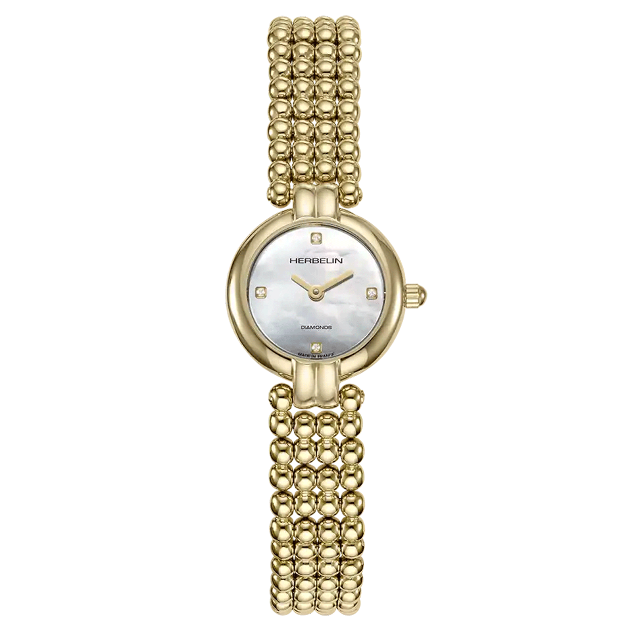 Montre Herbelin Perles quartz index diamants cadran nacre blanche bracelet acier PVD or jaune 22 mm 17433BP1N89