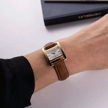 Ve Avenue Herbelin watch PVD Yellow Gold quartz silver dial brown leather strap 23.4 x 19 mm 17537P08GD