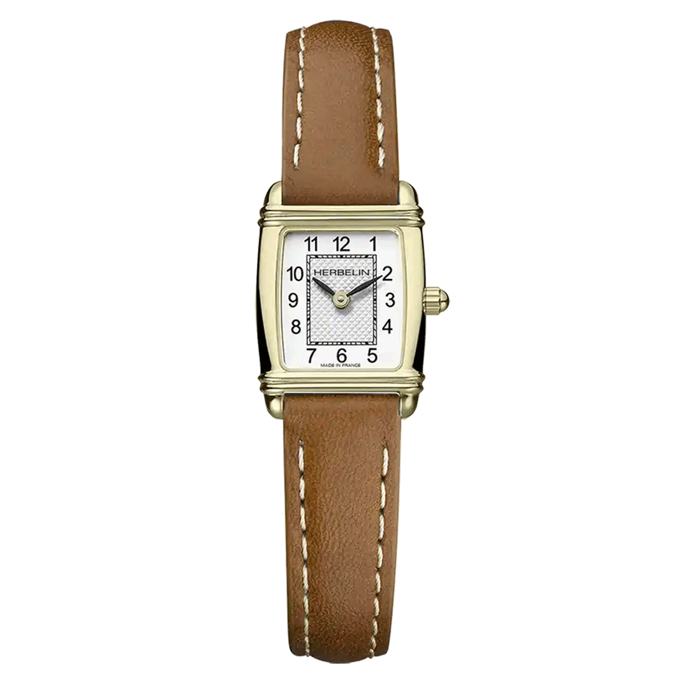 Herbelin Art Déco PVD Or Jaune quartz index Arabic numerals silver dial brown leather strap 17,80 x 19,40 mm 17438P1N22GD