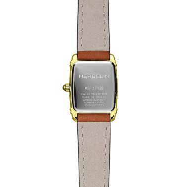 Montre Herbelin Art Déco PVD Or Jaune quartz index chiffres arabes cadran argent bracelet cuir brun 17,80 x 19,40 mm 17438P1N22G