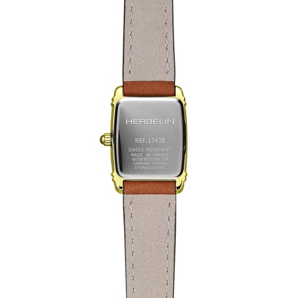 Montre Herbelin Art Déco PVD Or Jaune quartz index chiffres arabes cadran argent bracelet cuir brun 17,80 x 19,40 mm 17438P1N22G