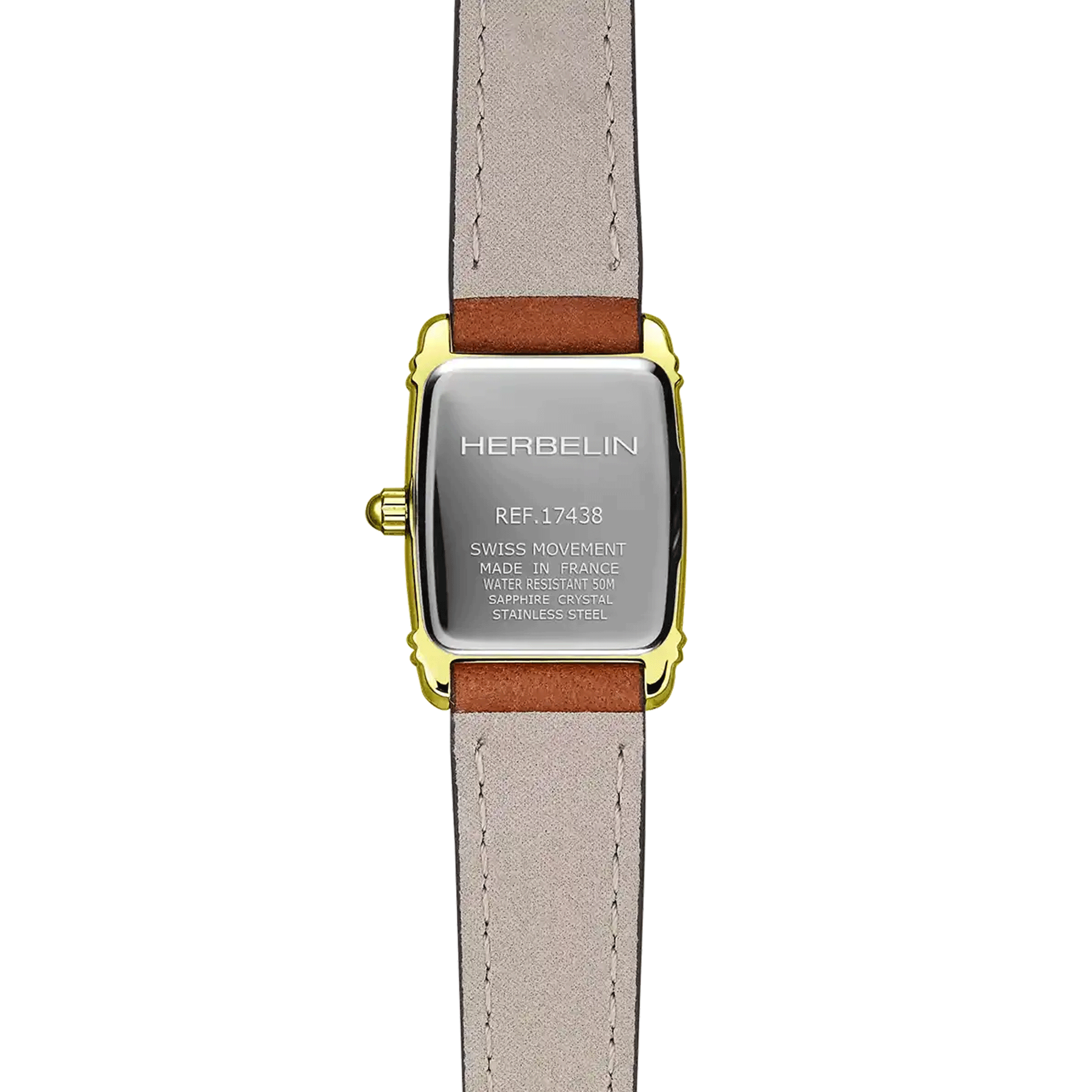 Herbelin Art Déco PVD Or Jaune quartz index Arabic numerals silver dial brown leather strap 17,80 x 19,40 mm 17438P1N22GD