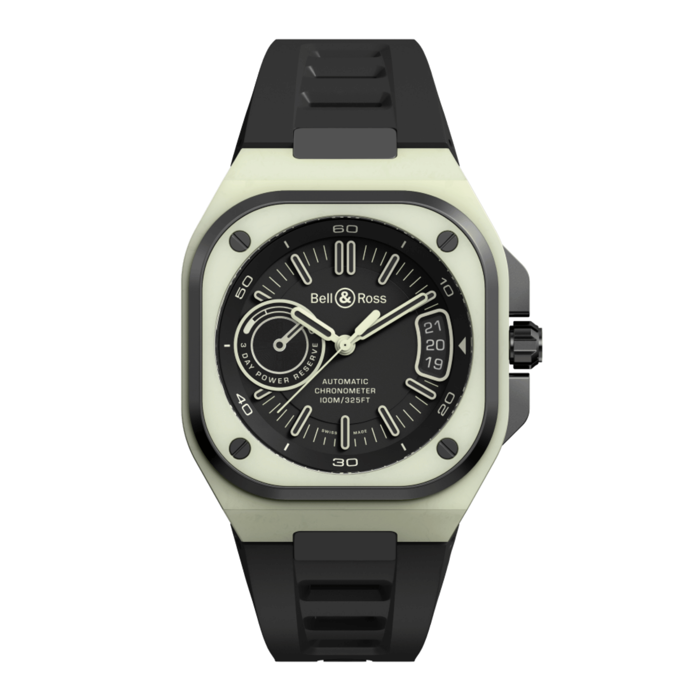 Montre Bell & Ross BR X5 Green Lum automatique cadran noir bracelet caoutchouc noir 41 mm
