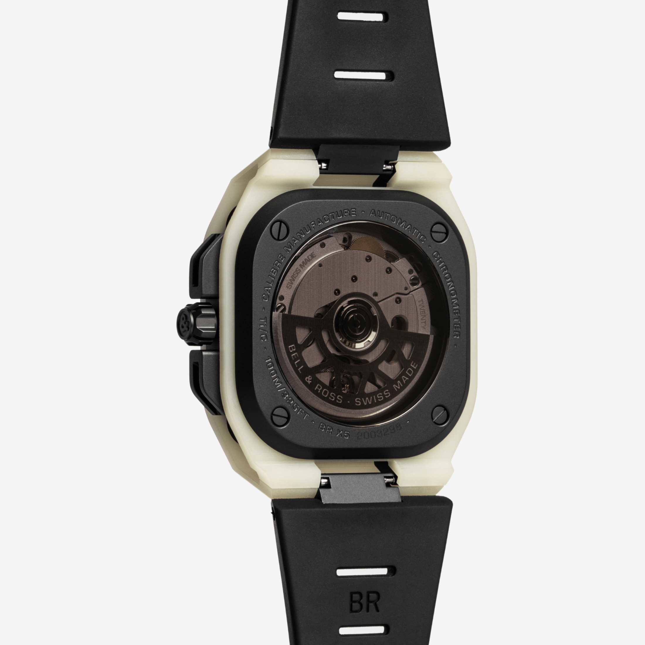 Bell & Ross BR X5 Green Lum automatic watch black dial black rubber strap 41 mm