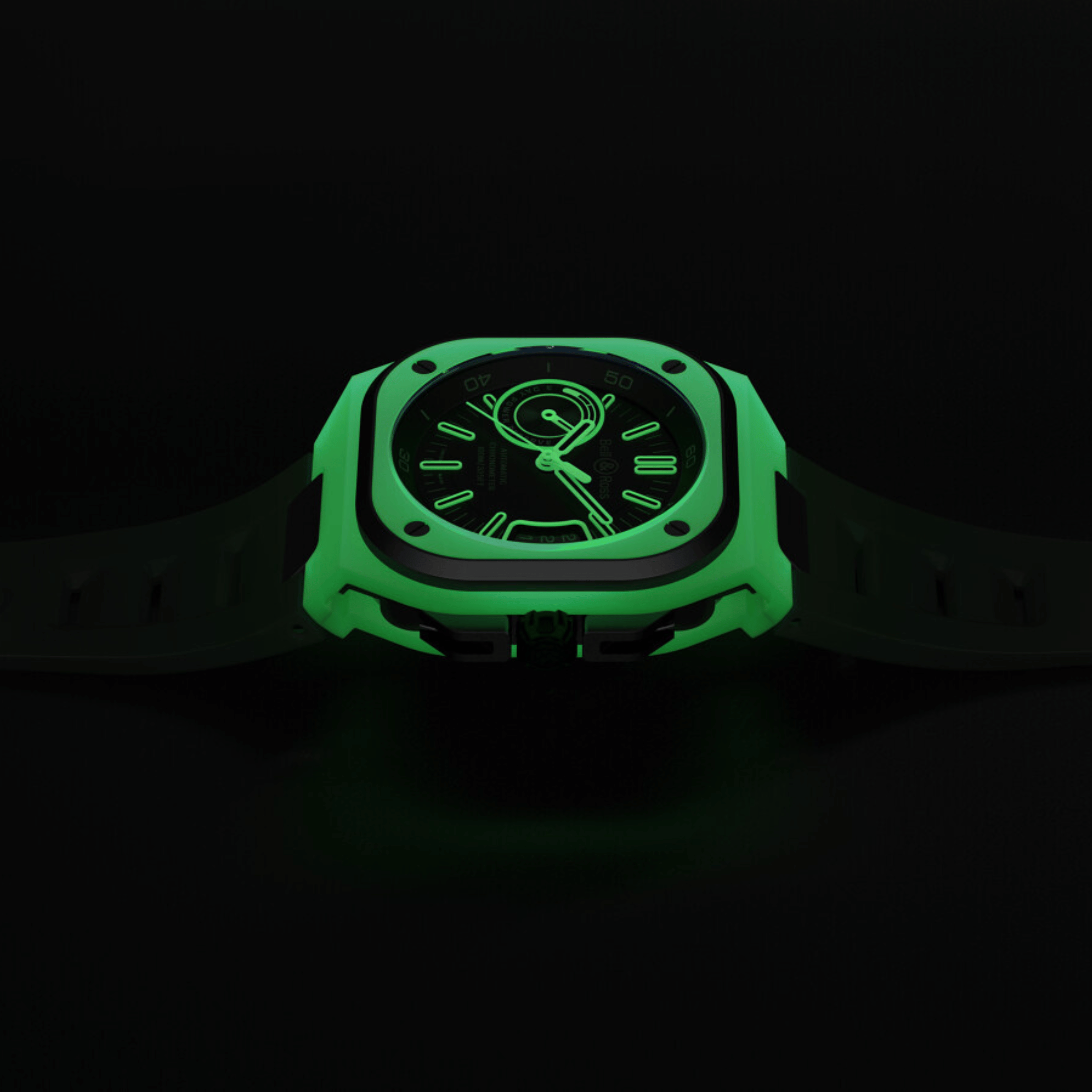Montre Bell & Ross BR X5 Green Lum automatique cadran noir bracelet caoutchouc noir 41 mm