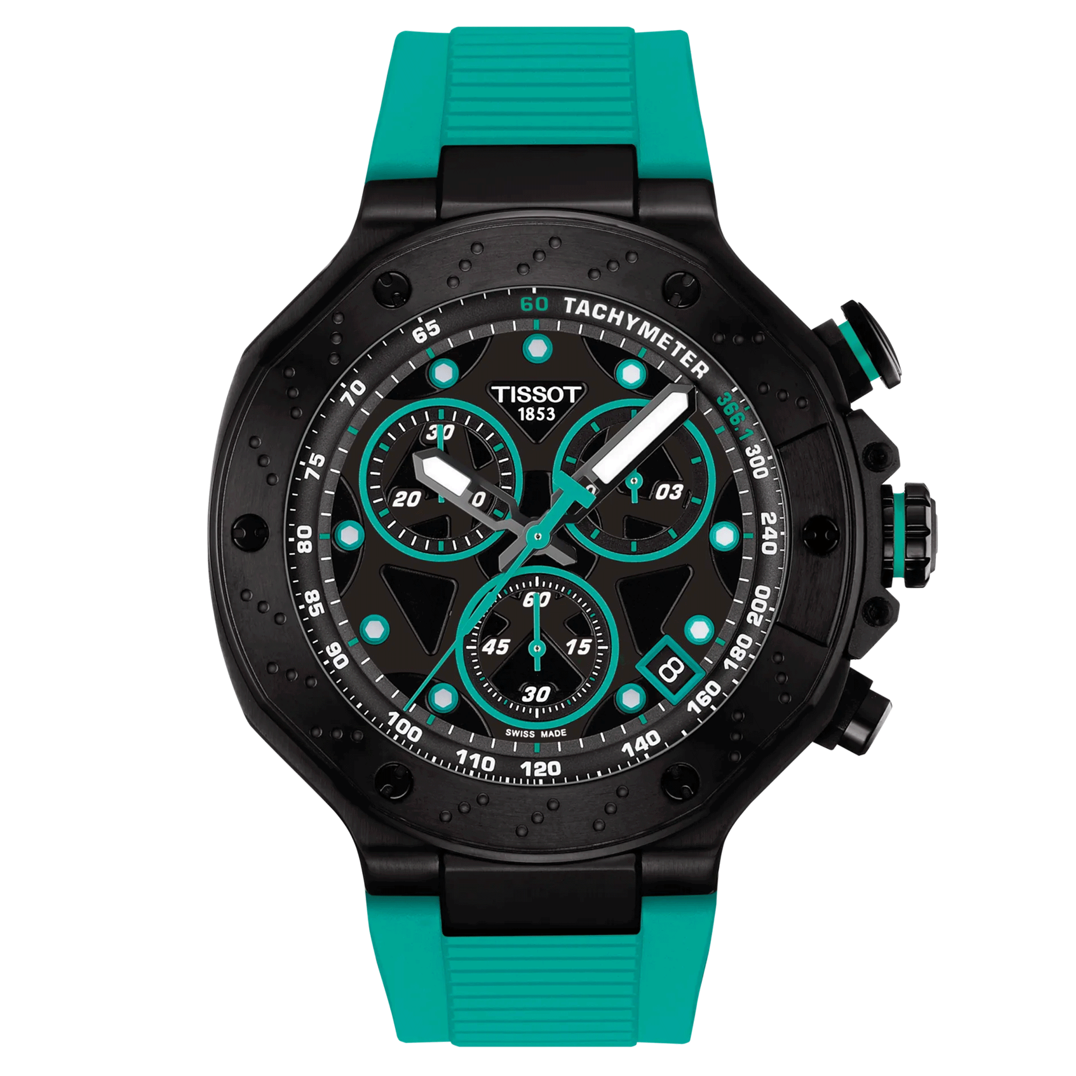 Tissot T-Sport T-Race Chronograph quartz watch black dial green rubber strap 45 mm T141.417.37.051.01