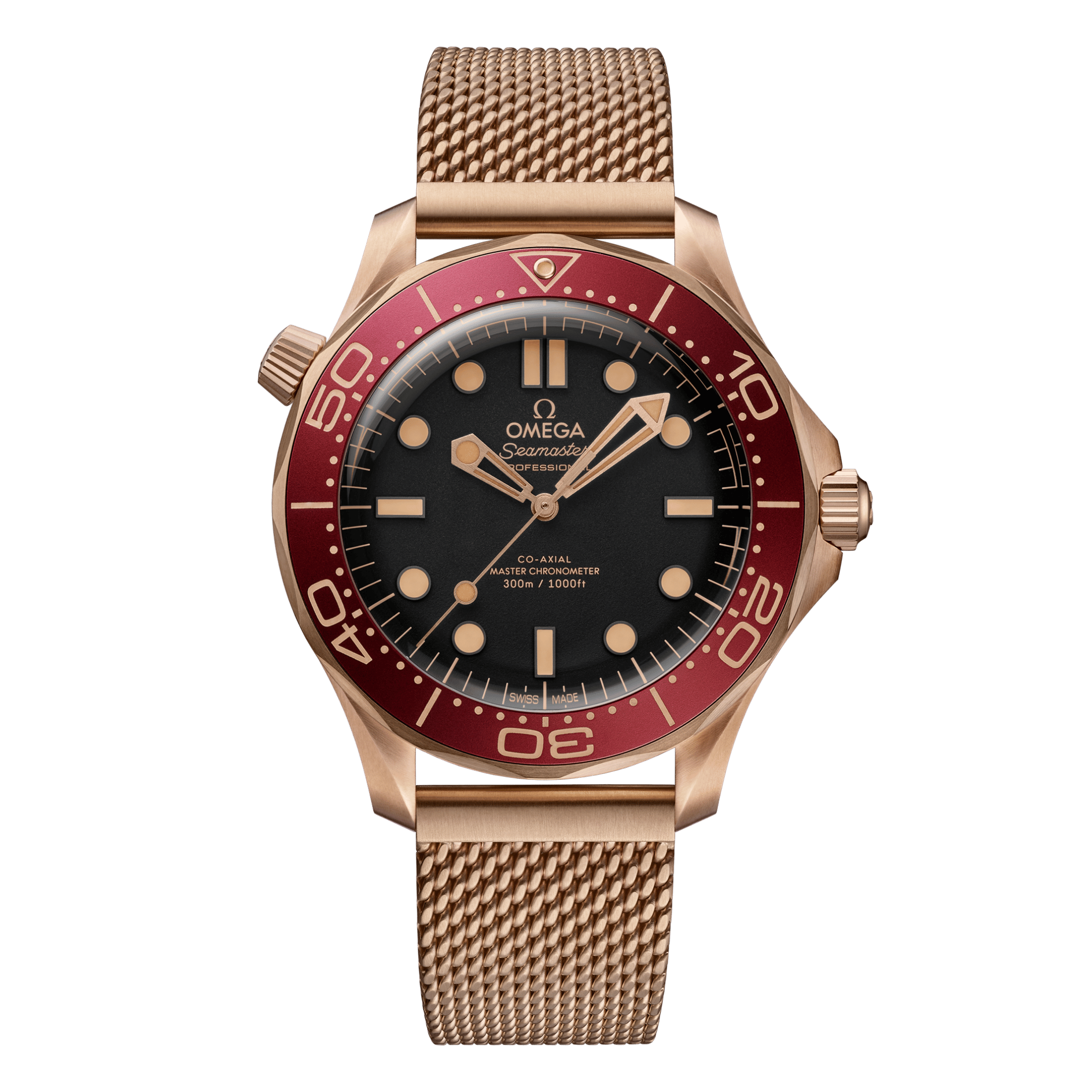 Montre Omega Seamaster Diver 300m Bronze Gold & Burgundy Co-Axial Master Chronometer cadran noir bracelet milanais 42 mm