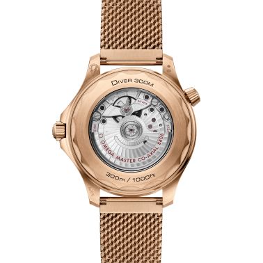 Montre Omega Seamaster Diver 300m Bronze Gold & Burgundy Co-Axial Master Chronometer cadran noir bracelet milanais 42 mm