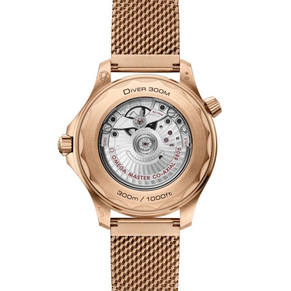 Montre Omega Seamaster Diver 300m Bronze Gold & Burgundy Co-Axial Master Chronometer cadran noir bracelet milanais 42 mm