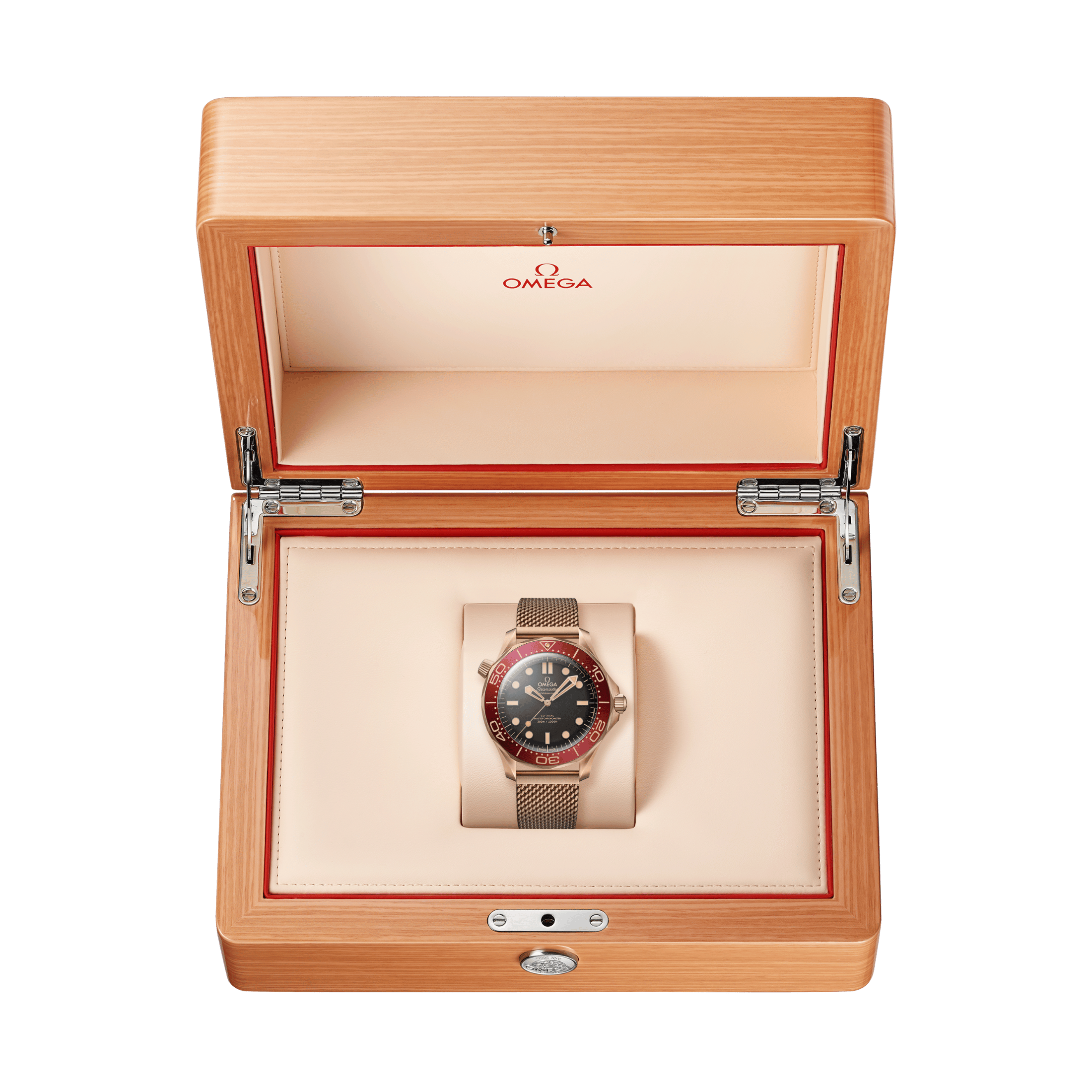 Montre Omega Seamaster Diver 300m Bronze Gold & Burgundy Co-Axial Master Chronometer cadran noir bracelet milanais 42 mm