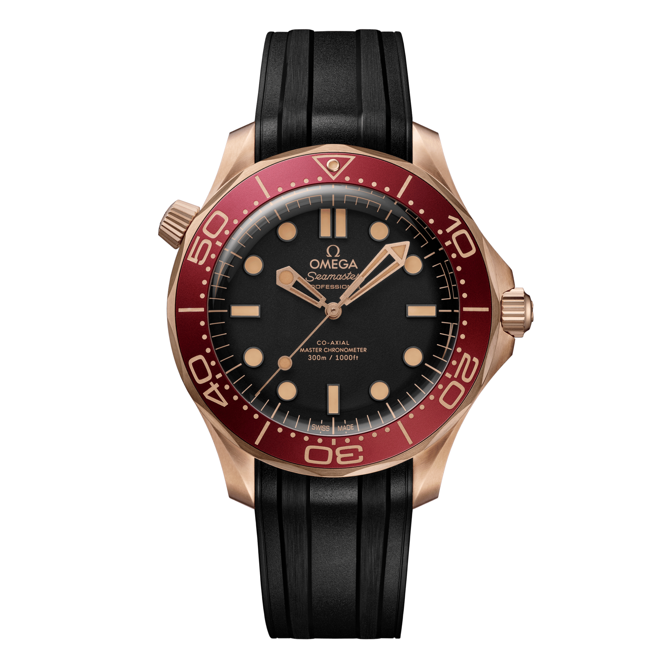 Montre Omega Seamaster Diver 300m Bronze Gold & Burgundy Co-Axial Master Chronometer cadran noir bracelet caoutchouc 42 mm