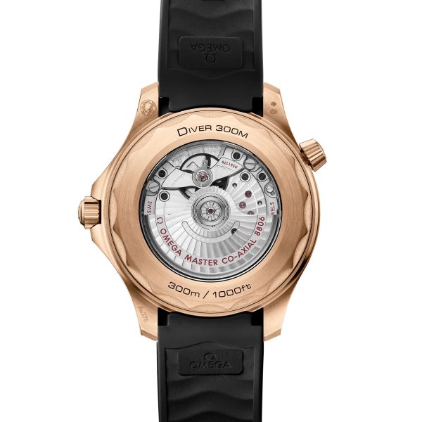 Montre Omega Seamaster Diver 300m Bronze Gold & Burgundy Co-Axial Master Chronometer cadran noir bracelet caoutchouc 42 mm