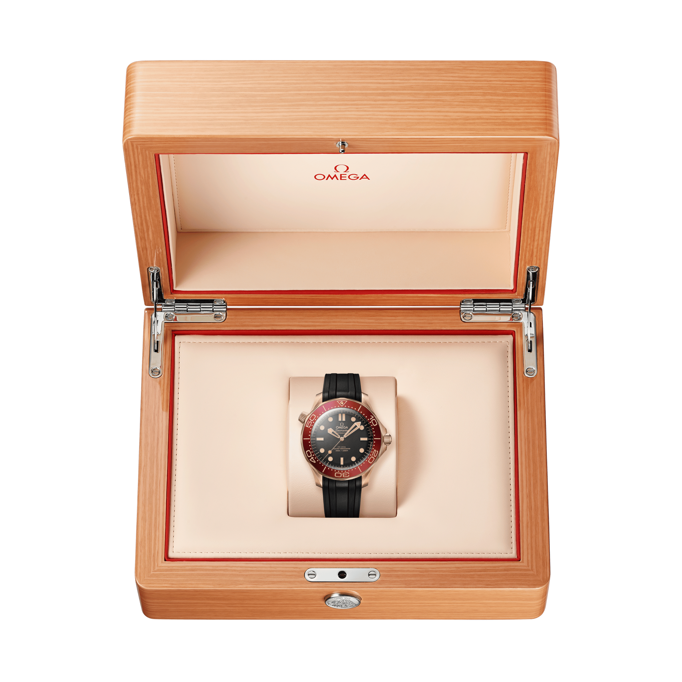 Montre Omega Seamaster Diver 300m Bronze Gold & Burgundy Co-Axial Master Chronometer cadran noir bracelet caoutchouc 42 mm