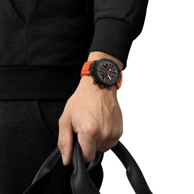 Tissot T-Sport T-Race Chronograph quartz watch black dial orange rubber strap 45 mm T141.417.37.051.02
