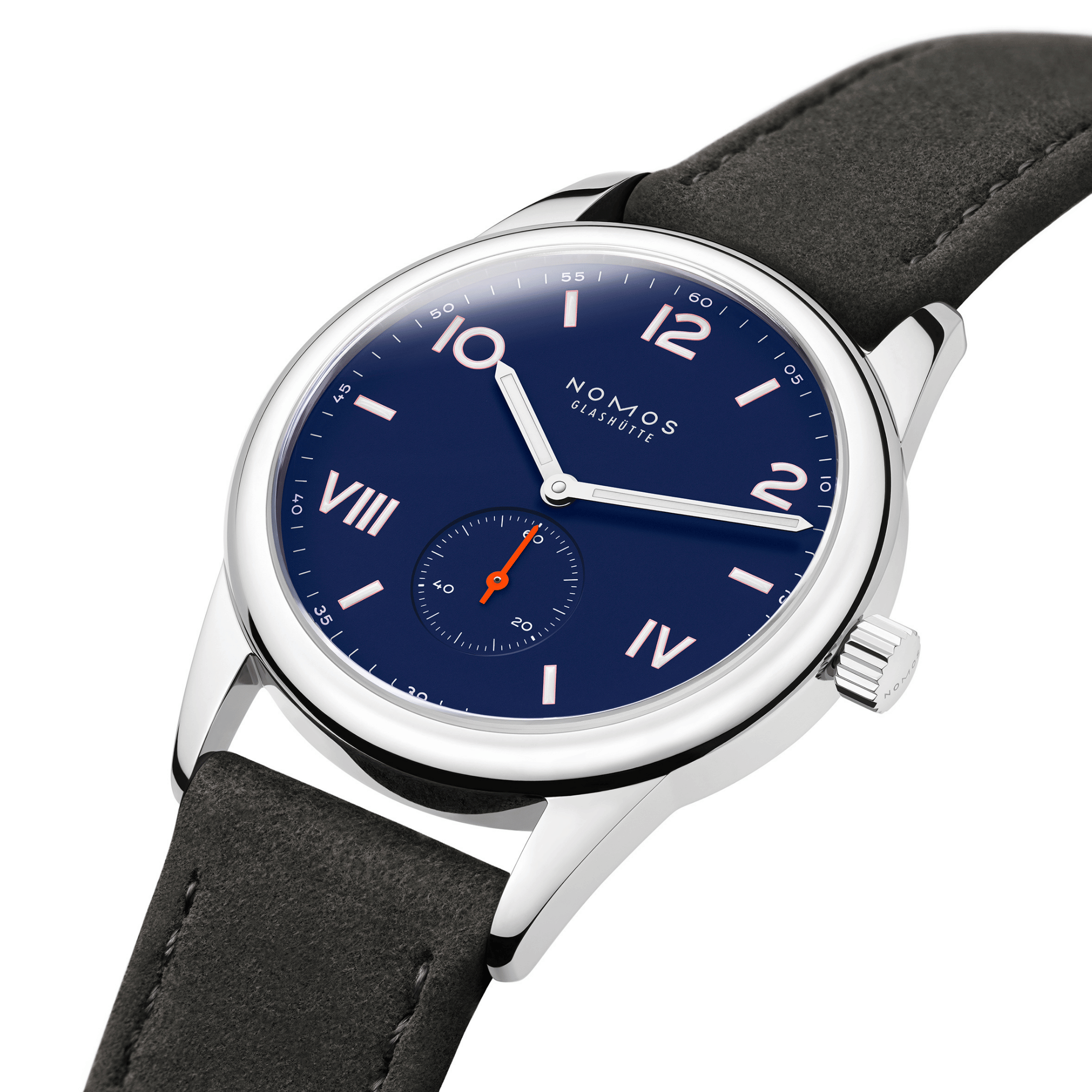 NOMOS Club Campus 38 Night Sky mechanical stainless steel watch blue dial grey velvet strap 36 mm