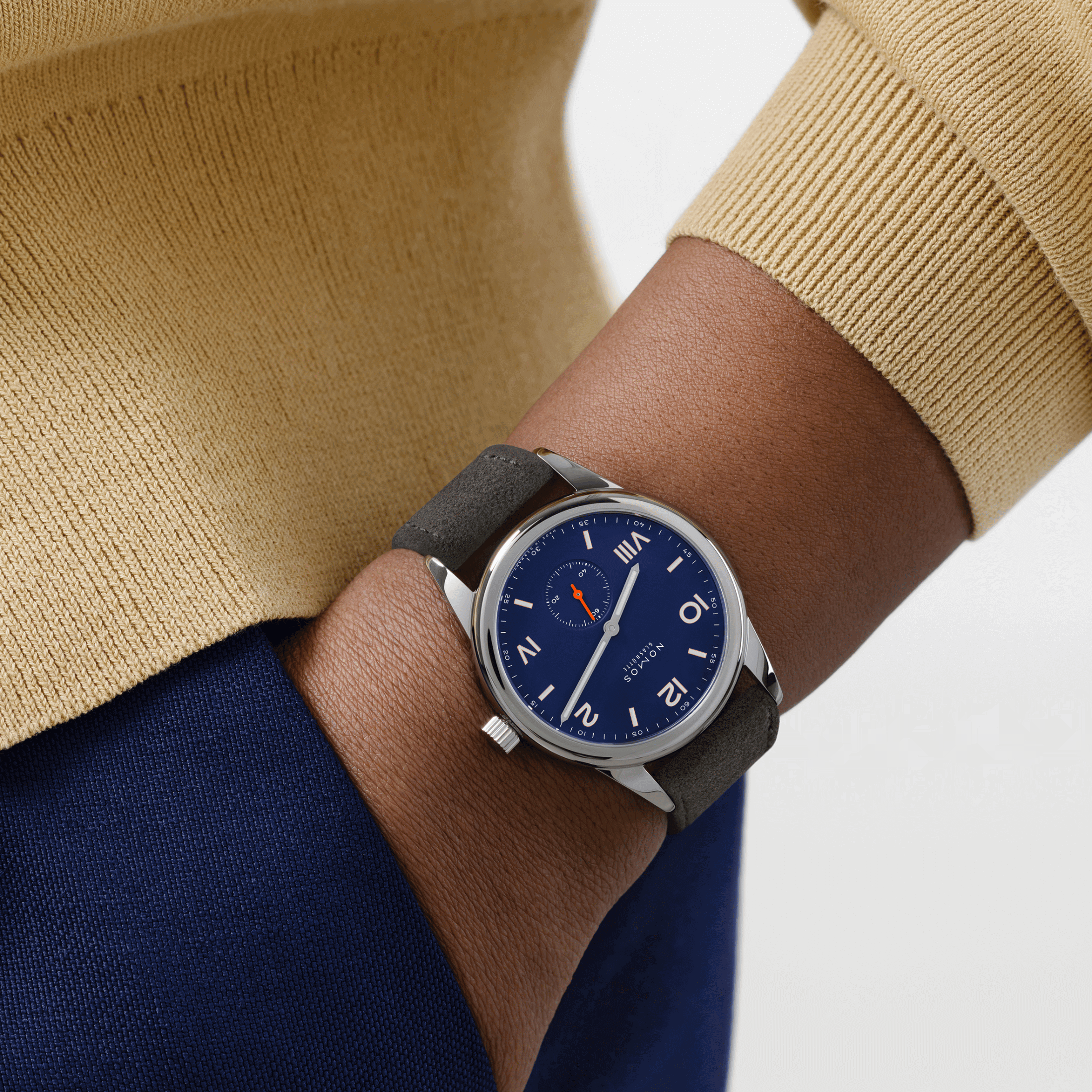 NOMOS Club Campus 38 Night Sky mechanical stainless steel watch blue dial grey velvet strap 36 mm