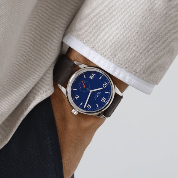 NOMOS Club Campus 38 Night Sky mechanical stainless steel watch blue dial grey velvet strap 36 mm