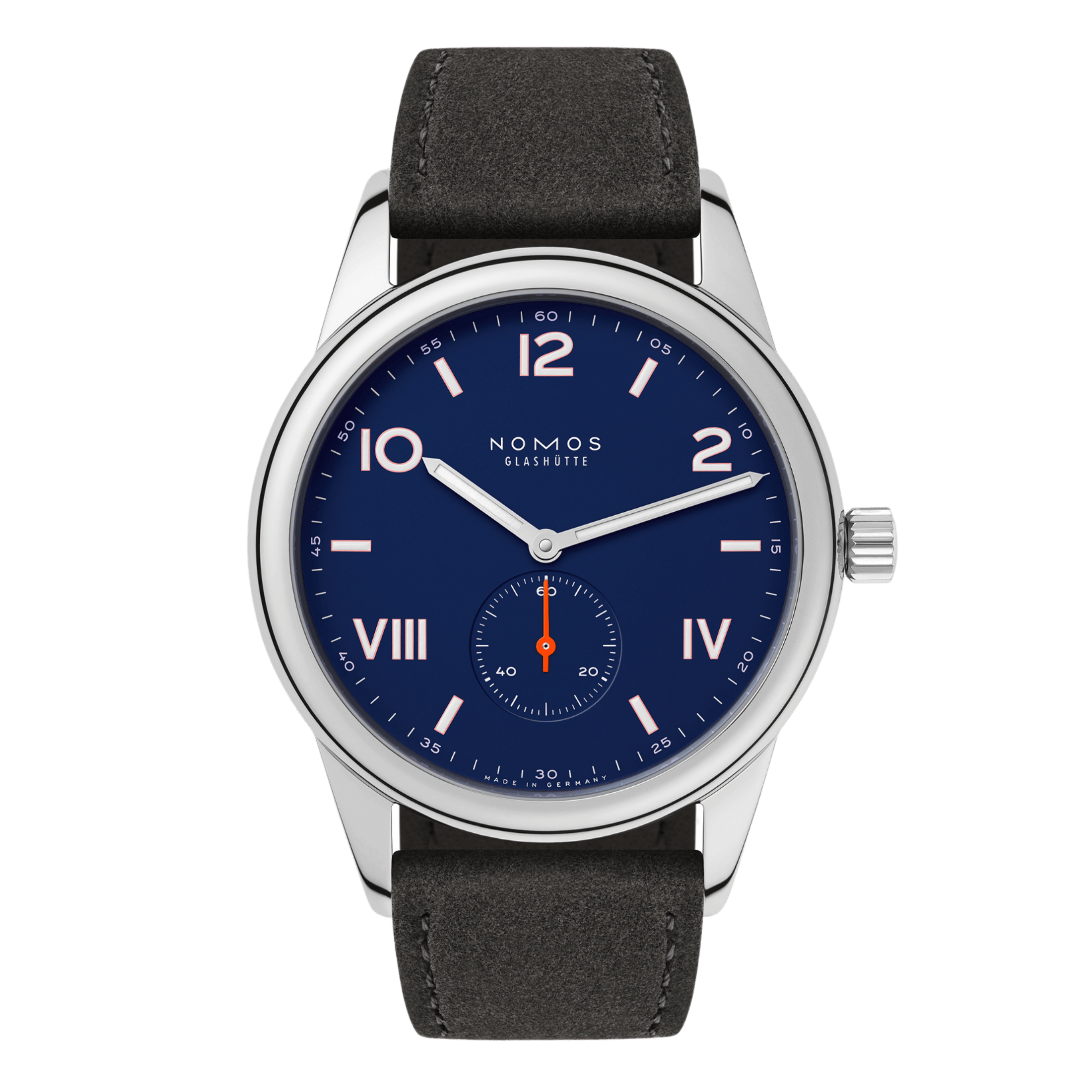 NOMOS Club Campus 38 Night Sky mechanical watch sapphire back blue dial grey velvet strap 36 mm