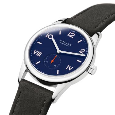 NOMOS Club Campus 38 Night Sky mechanical watch sapphire back blue dial grey velvet strap 36 mm