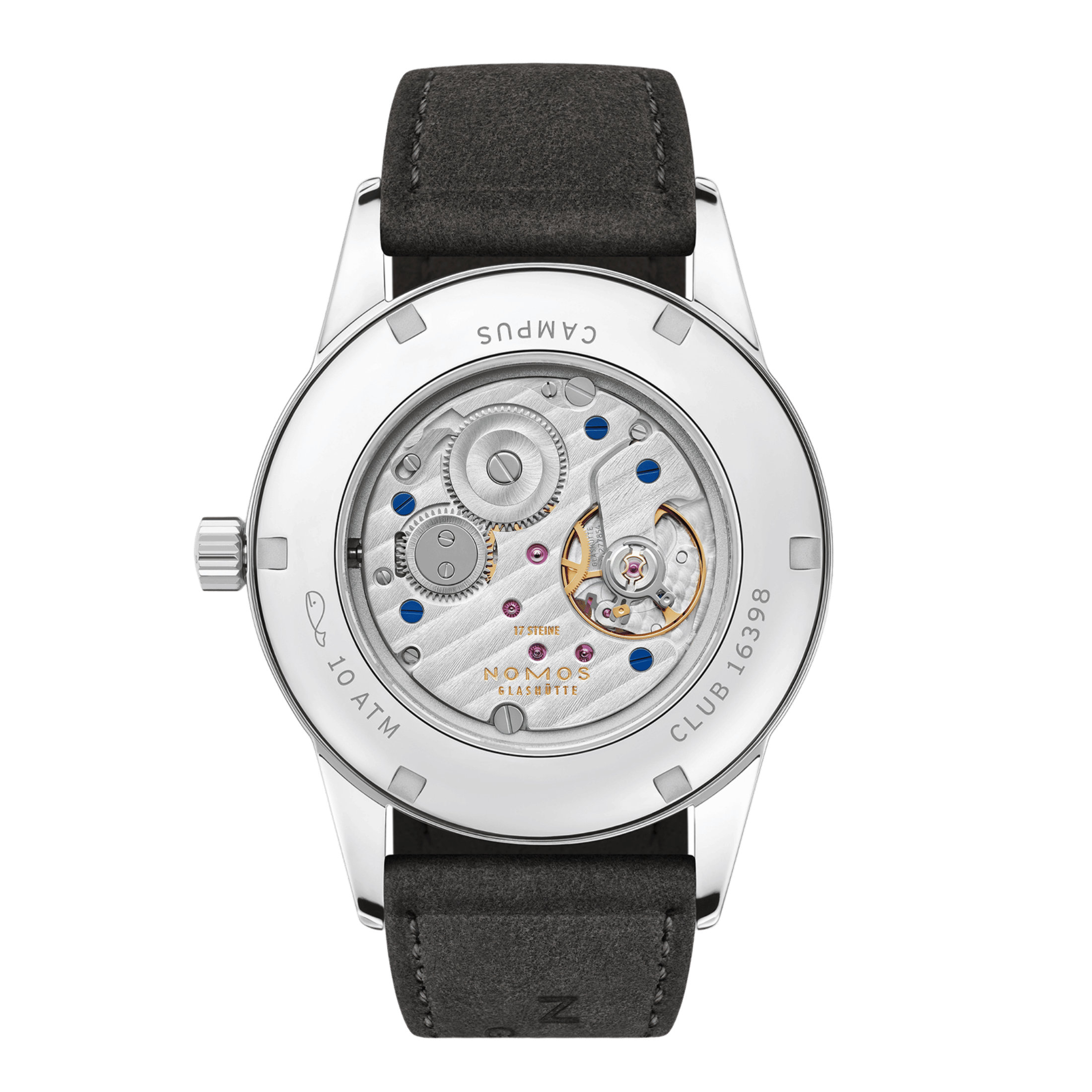 NOMOS Club Campus 38 Night Sky mechanical watch sapphire back blue dial grey velvet strap 36 mm