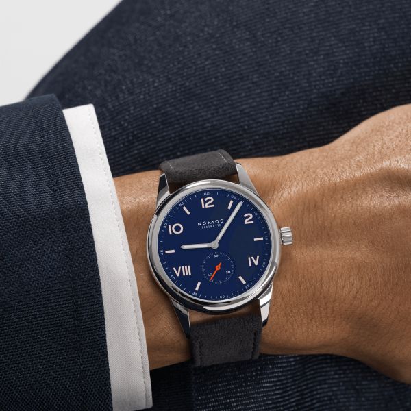 NOMOS Club Campus 38 Night Sky mechanical watch sapphire back blue dial grey velvet strap 36 mm