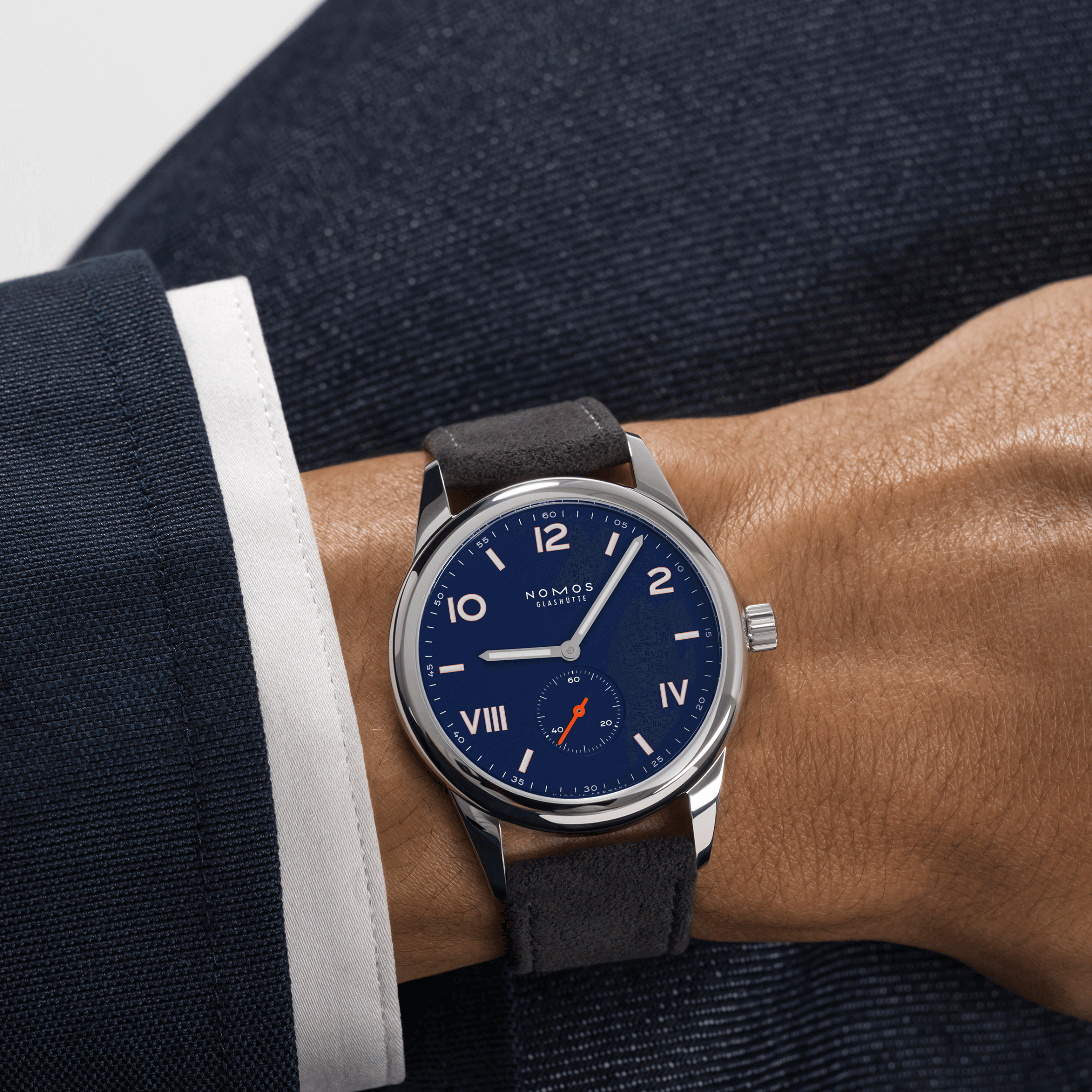 NOMOS Club Campus 38 Night Sky mechanical watch sapphire back blue dial grey velvet strap 36 mm