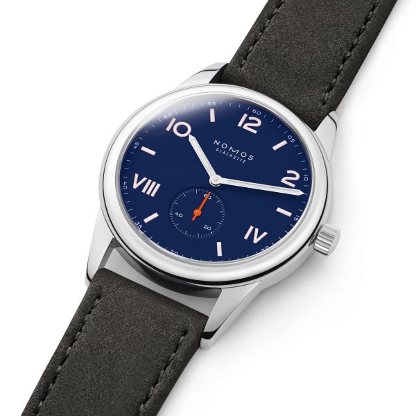 NOMOS Club Campus 38 Night Sky mechanical watch sapphire back blue dial grey velvet strap 36 mm