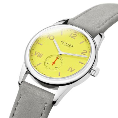 NOMOS Club Campus 38 Starlight mechanical stainless steel watch yellow dial grey velvet strap 36 mm