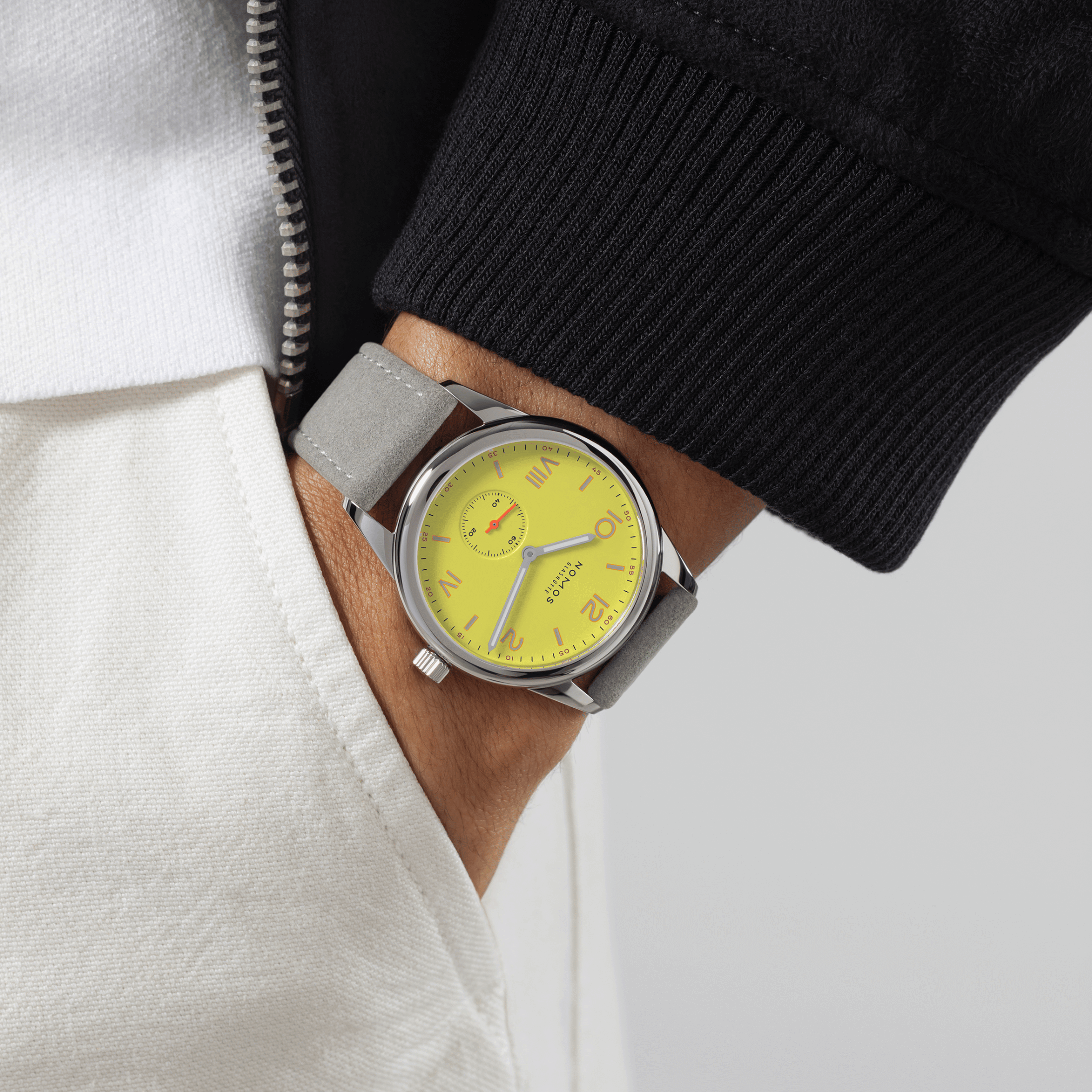 NOMOS Club Campus 38 Starlight mechanical stainless steel watch yellow dial grey velvet strap 36 mm