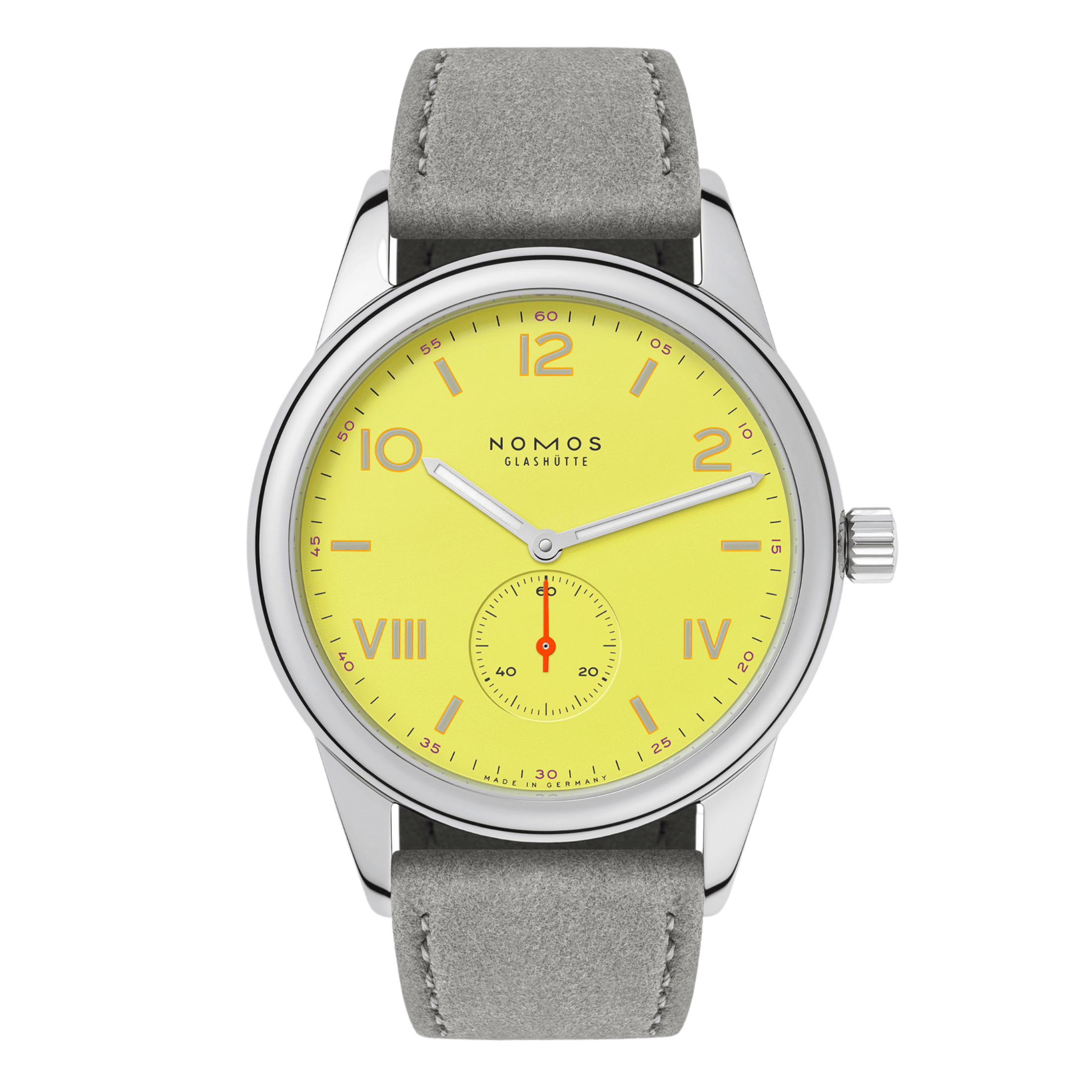 NOMOS Club Campus 38 Starlight mechanical watch sapphire back yellow dial grey velvet strap 36 mm