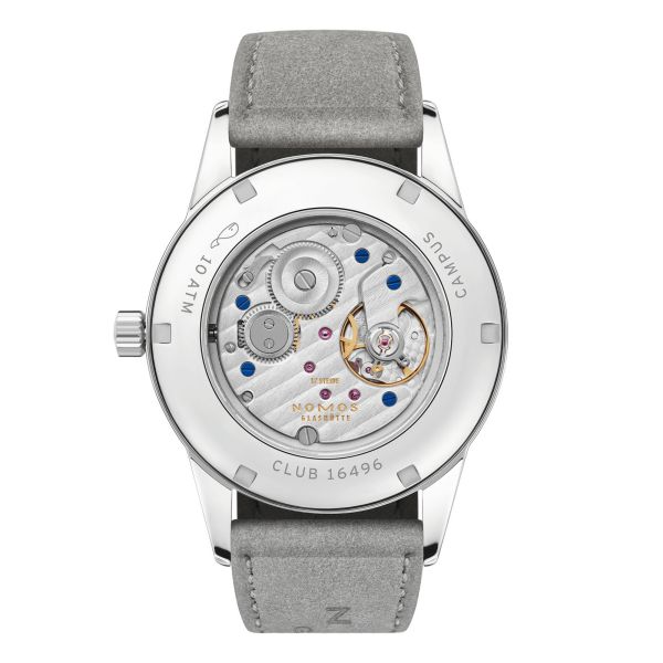 NOMOS Club Campus 38 Starlight mechanical watch sapphire back yellow dial grey velvet strap 36 mm