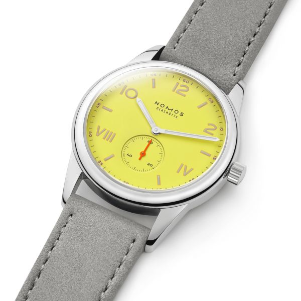 NOMOS Club Campus 38 Starlight mechanical watch sapphire back yellow dial grey velvet strap 36 mm