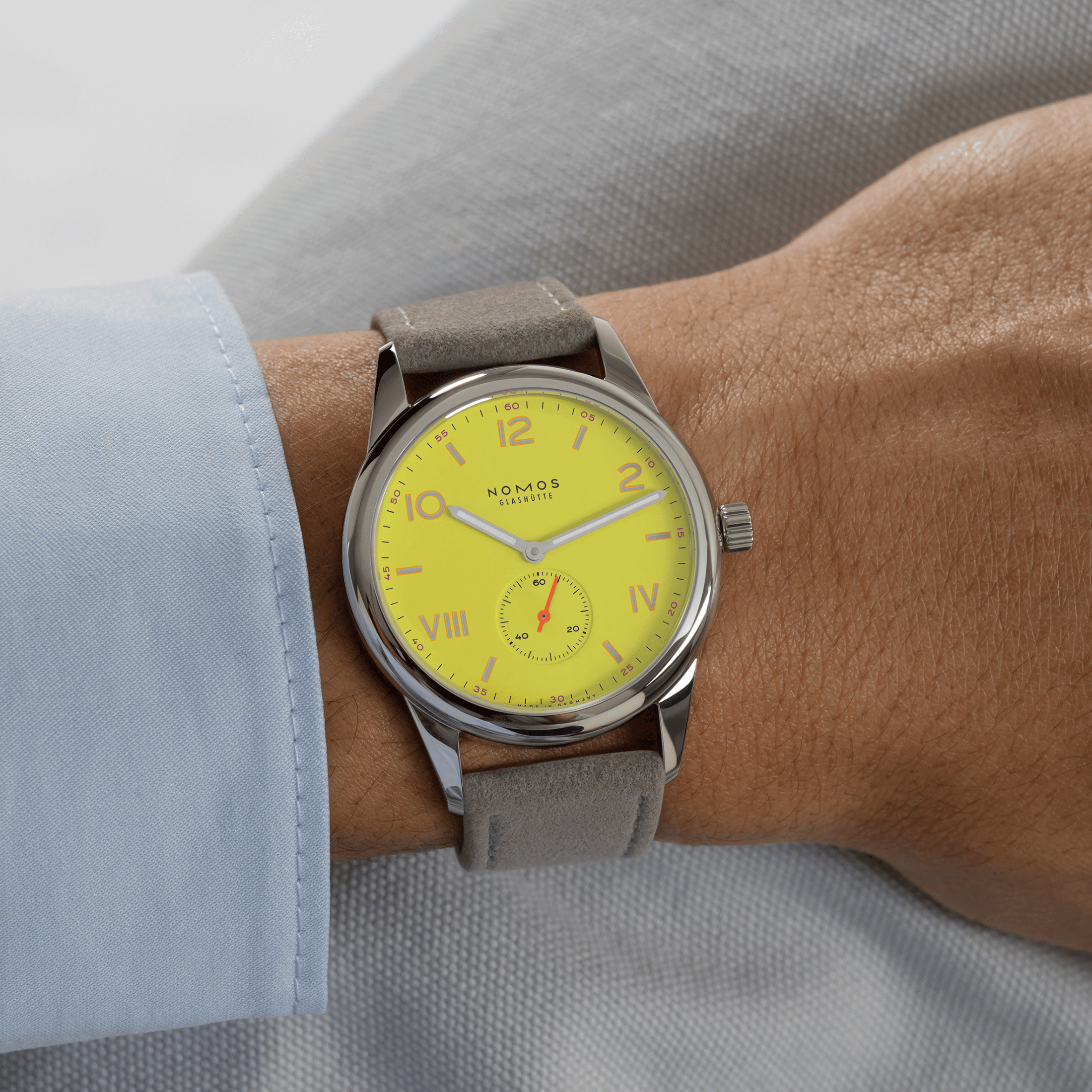 NOMOS Club Campus 38 Starlight mechanical watch sapphire back yellow dial grey velvet strap 36 mm