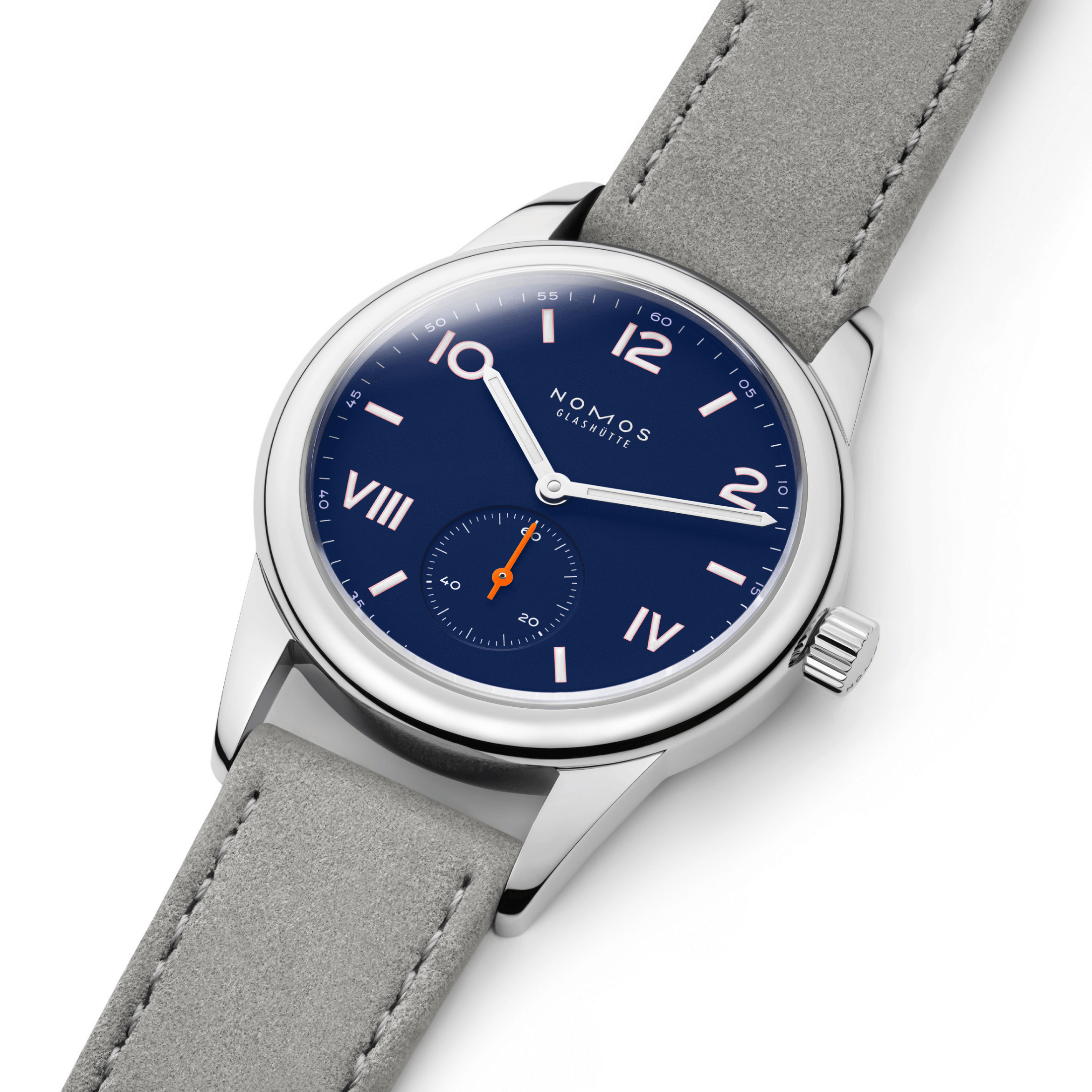 Montre NOMOS Club Campus Night Sky mécanique fond saphir cadran bleu bracelet velours gris 36 mm