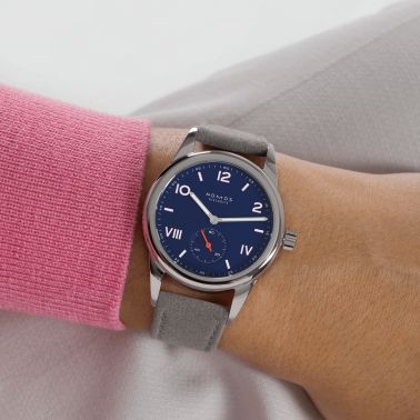 NOMOS Club Campus Night Sky mechanical watch sapphire back blue dial grey velvet strap 36 mm
