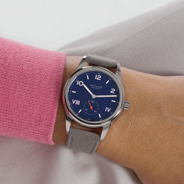 NOMOS Club Campus Night Sky mechanical watch sapphire back blue dial grey velvet strap 36 mm