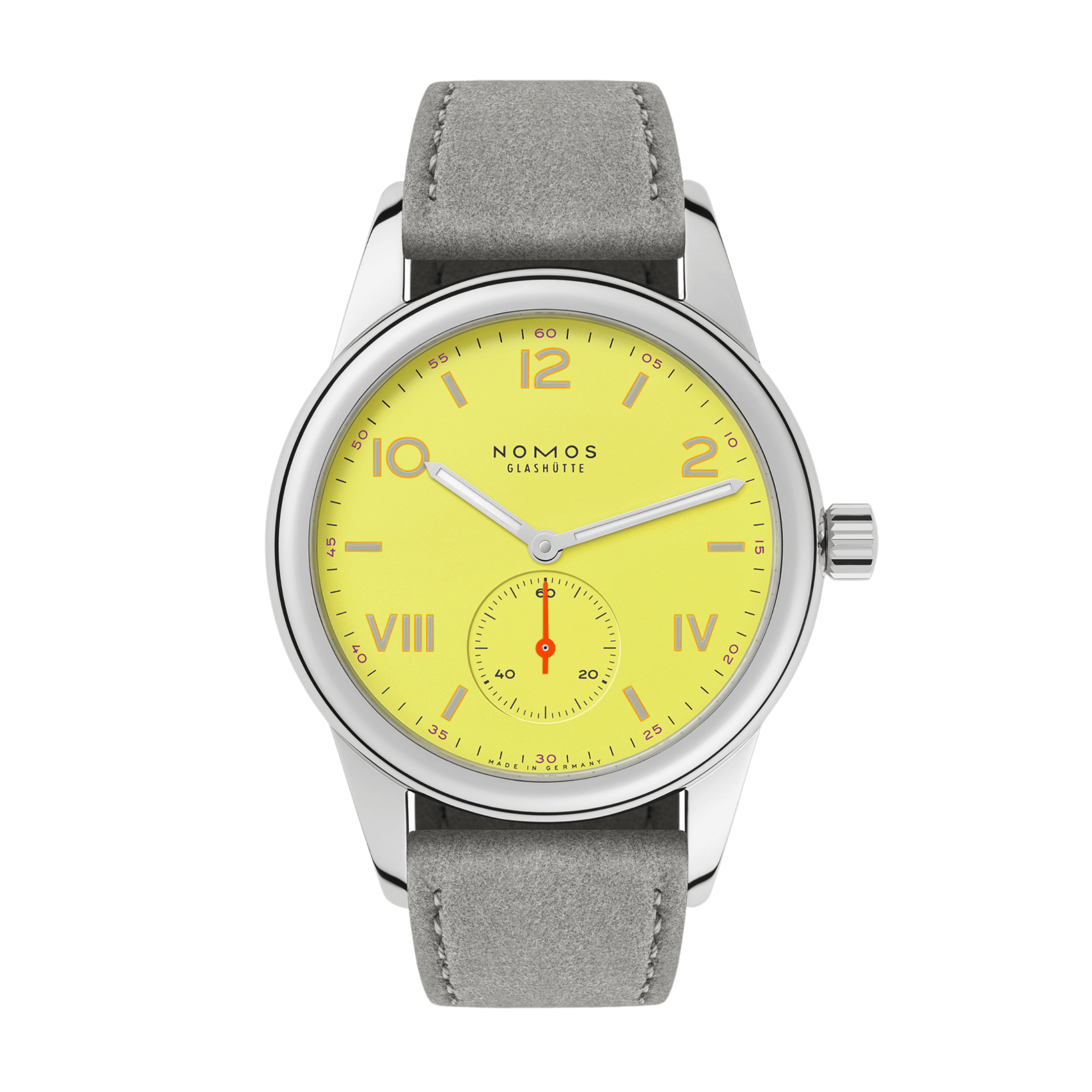 Montre NOMOS Club Campus Starlight mécanique fond saphir cadran jaune bracelet velours gris 36 mm