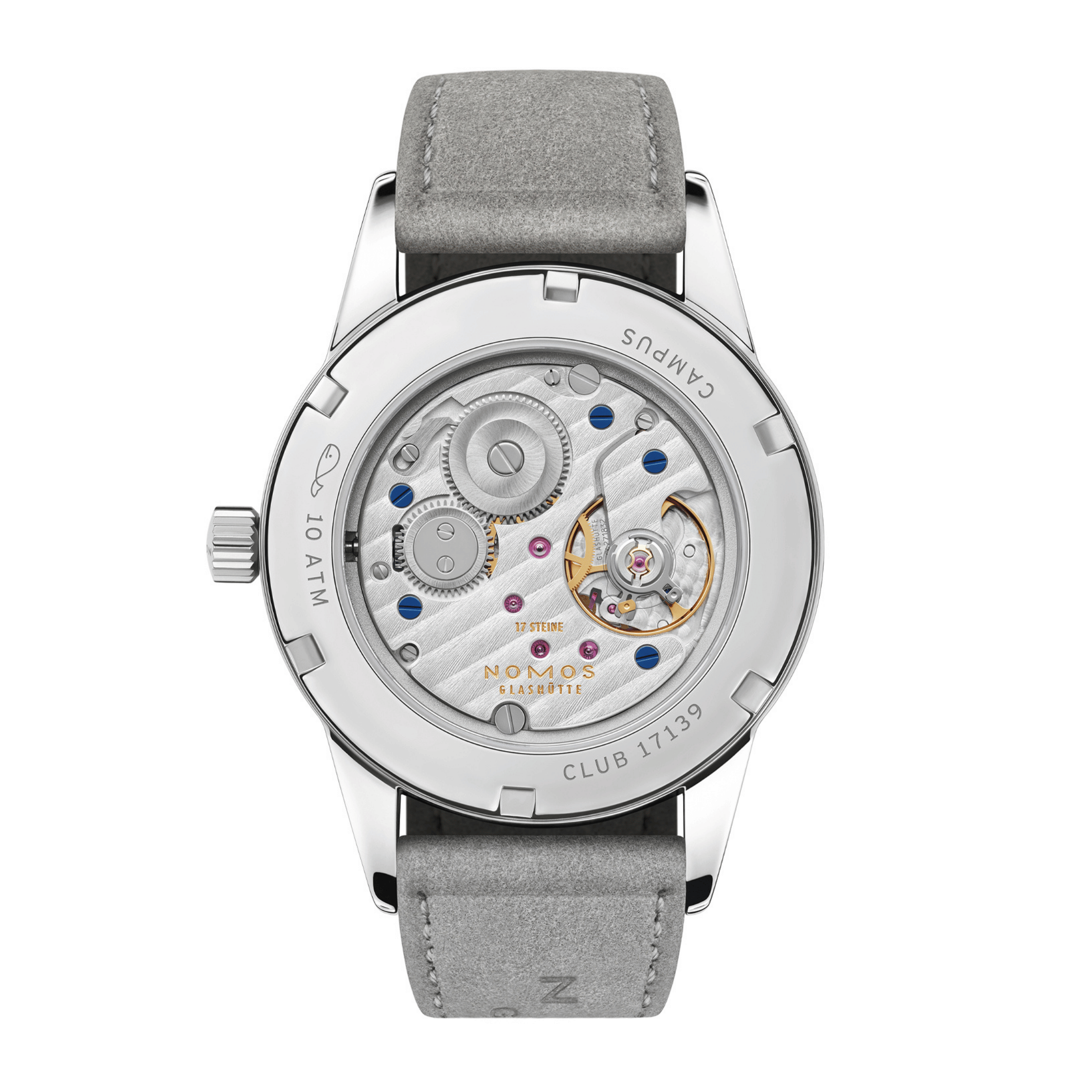 NOMOS Club Campus Starlight mechanical watch sapphire back yellow dial grey velvet strap 36 mm