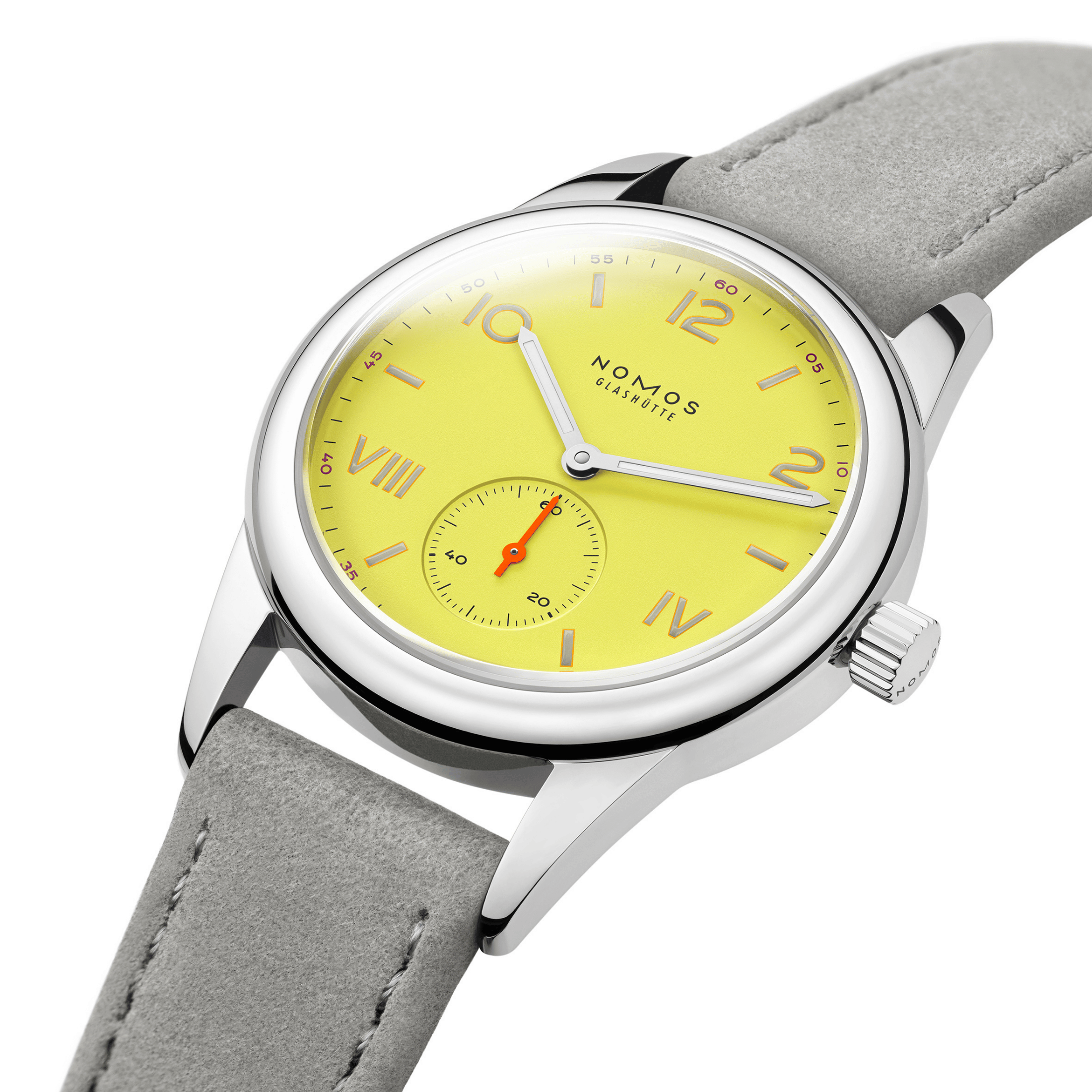 Montre NOMOS Club Campus Starlight mécanique fond saphir cadran jaune bracelet velours gris 36 mm