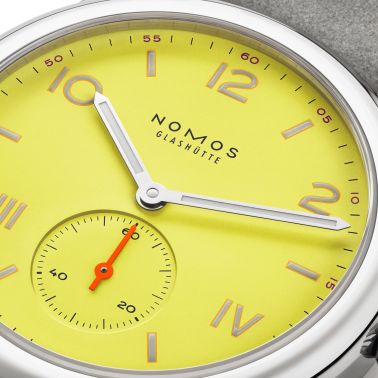 NOMOS Club Campus Starlight mechanical watch sapphire back yellow dial grey velvet strap 36 mm