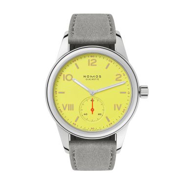 Montre NOMOS Club Campus Starlight mécanique fond acier cadran jaune bracelet velours gris 36 mm