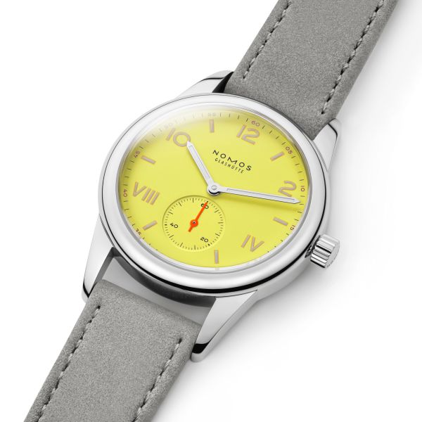NOMOS Club Campus Starlight mechanical stainless steel watch yellow dial grey velvet strap 36 mm