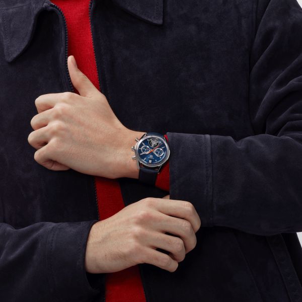 Montre TAG Heuer Carrera Chronograph Tourbillon automatique cadran bleu bracelet cuir bleu 42 mm CBS5010.FC6543