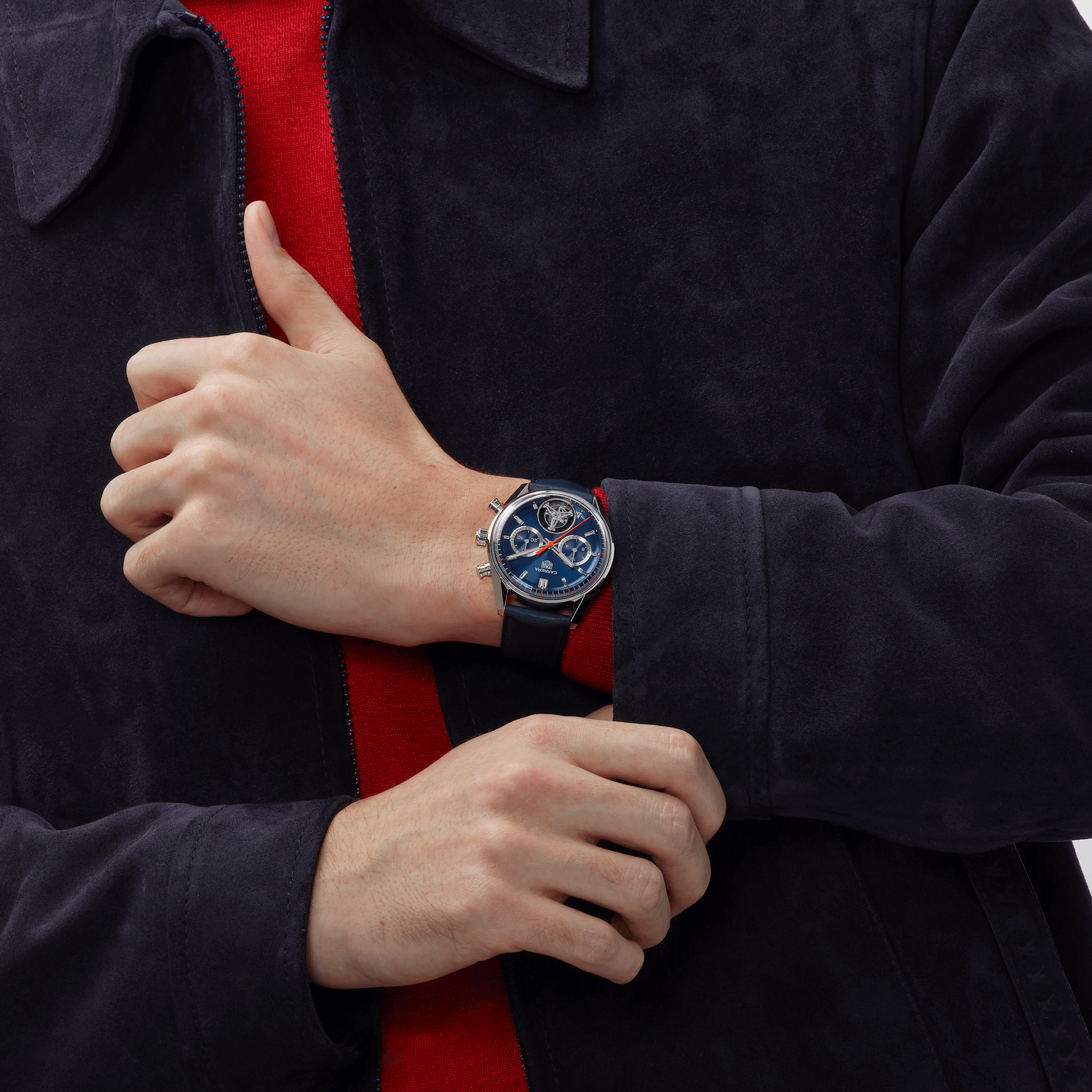 Montre TAG Heuer Carrera Chronograph Tourbillon automatique cadran bleu bracelet cuir bleu 42 mm CBS5010.FC6543